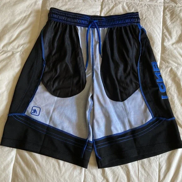 And1 Mens Small Basketball Shorts Silky Shiny Dazzle Blue Black Geometric Pocket - Picture 6 of 14